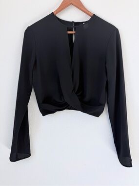 Divided Black Cropped Long-Sleeve Top with Back Keyhole